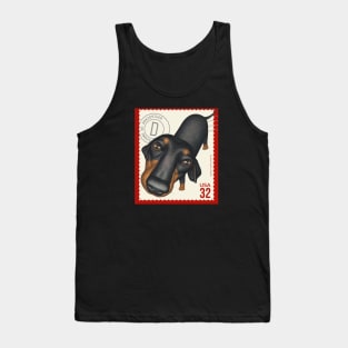 Funny dachshund looking  innocently on red trim stamp Tank Top